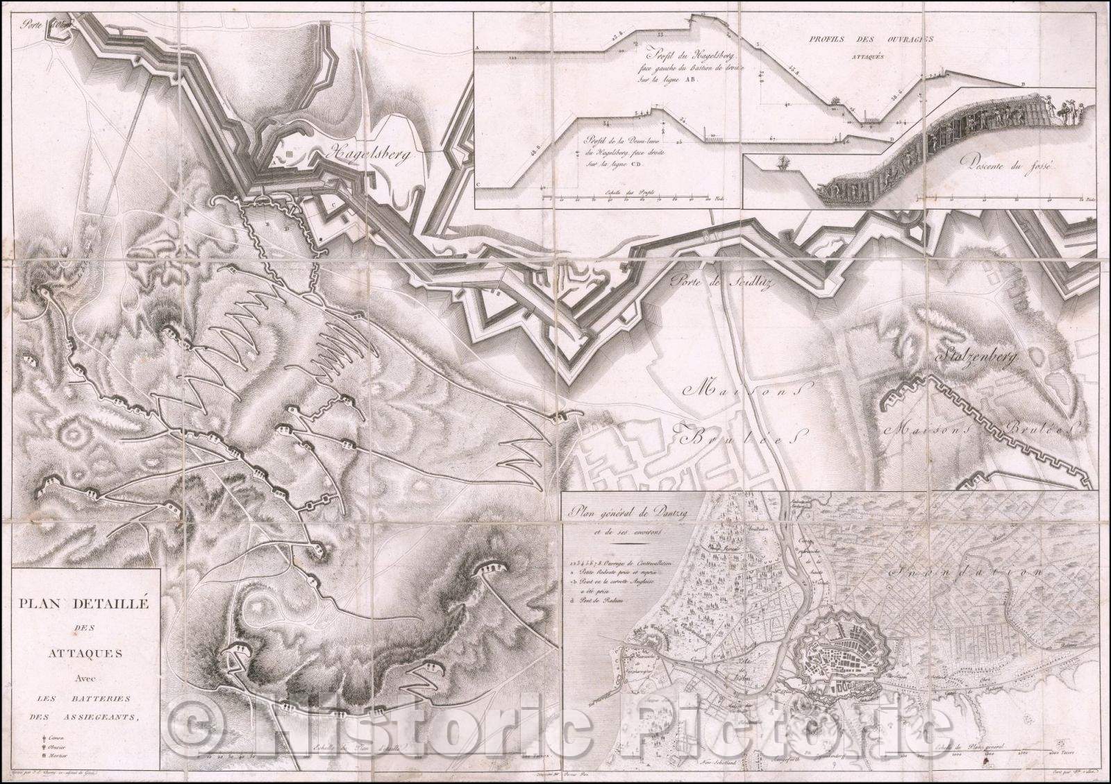 Historic Map - [Gdansk] Plan Detaille des Attaques avec les batteries des assiegeants/Graphic Model of The Use of Tunnels During War, 1807, Thierry - Vintage Wall Art