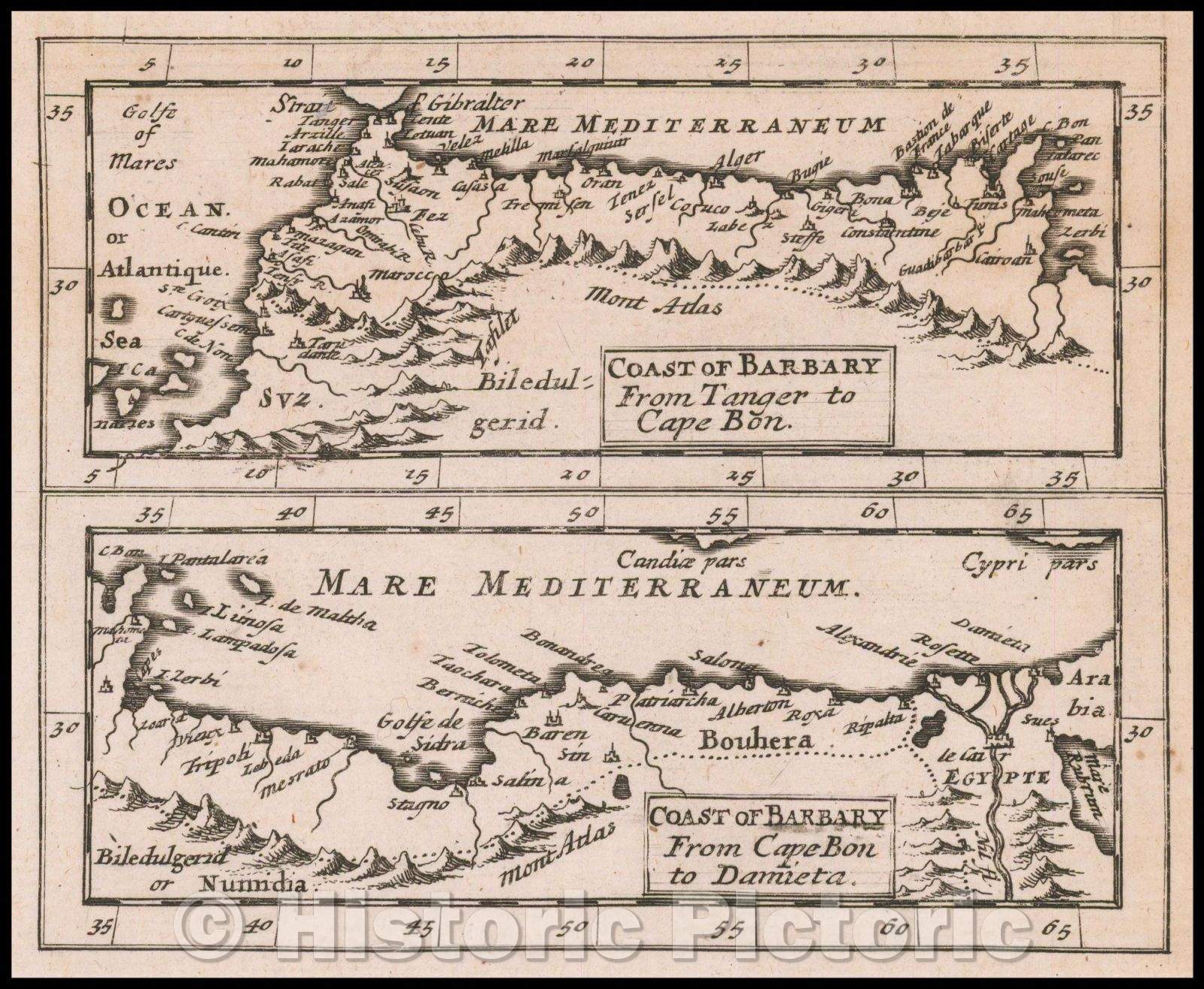 Historic Map - Coast of Barbary From Tanger to Cape Bon (and) Coast of Barbary From Cape Bon to Damieta, 1681, Sir Jonas Moore - Vintage Wall Art