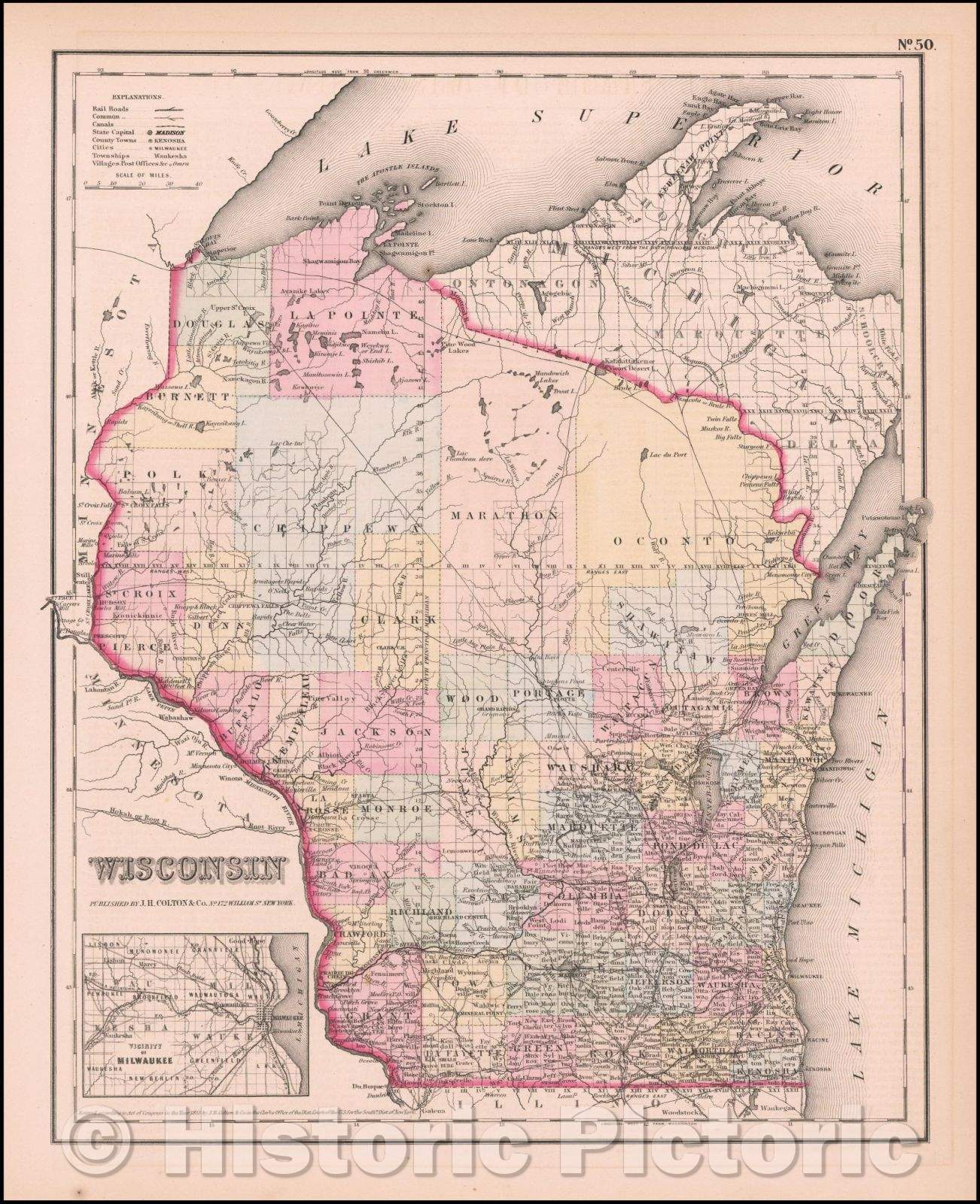Historic Map - Wisconsin, 1858, Joseph Hutchins Colton - Vintage Wall Art