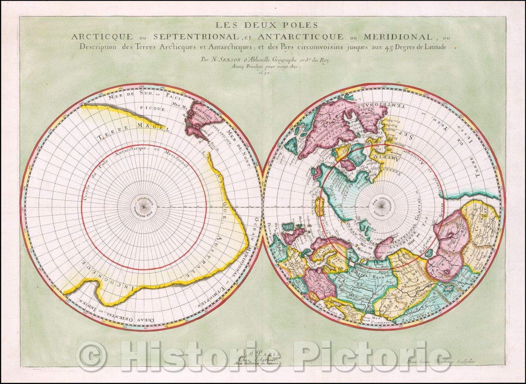 Historic Map - Les deux poles arctique ou septentrional, et Antarctique ou meridional/Map of the Polar Regions, poles to 45 degrees latitude, 1657 - Vintage Wall Art