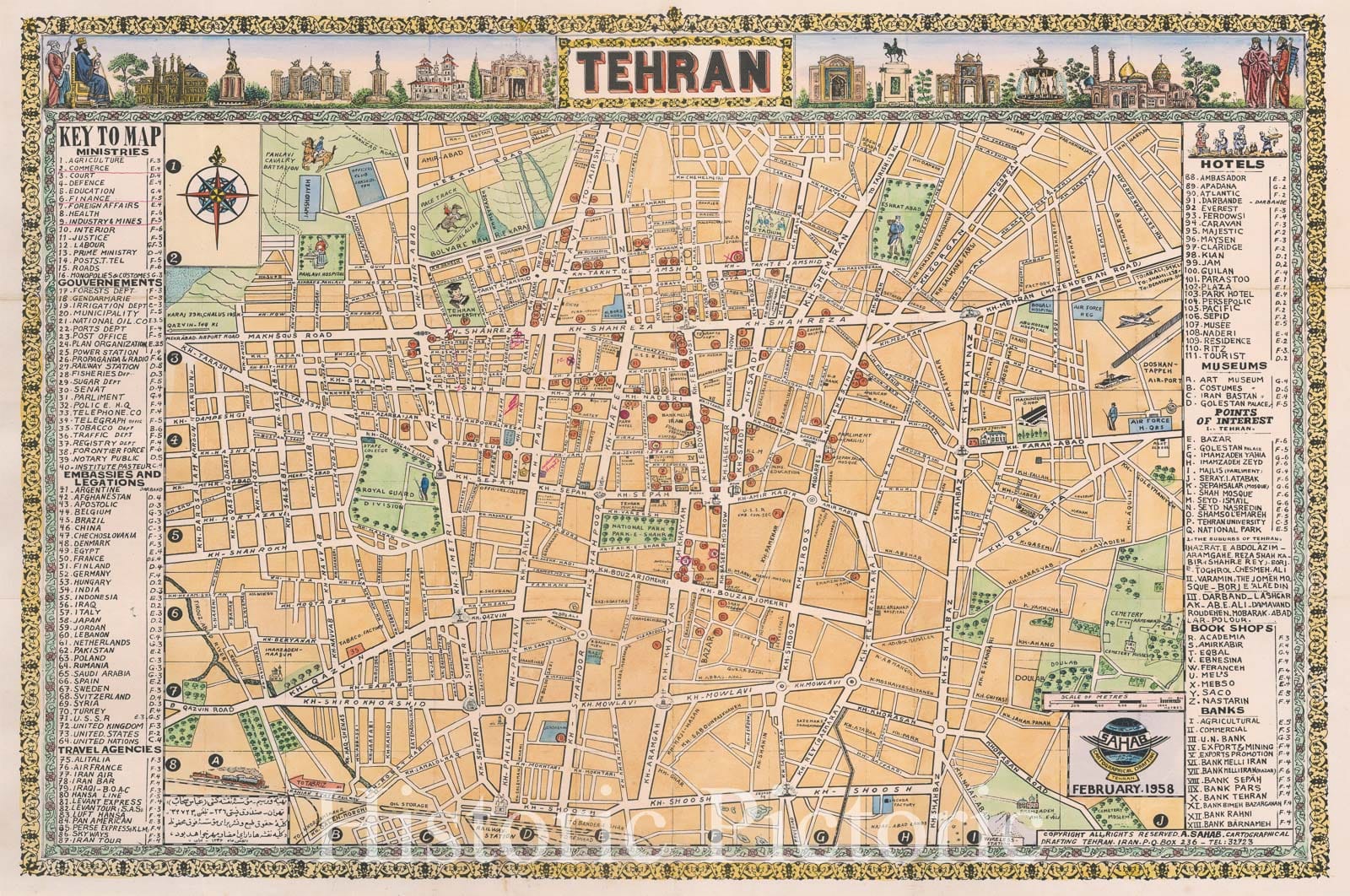 Historic Map - Central Map of Tehran, 1958, Sahab Geographic & Drafting Institute - Vintage Wall Art