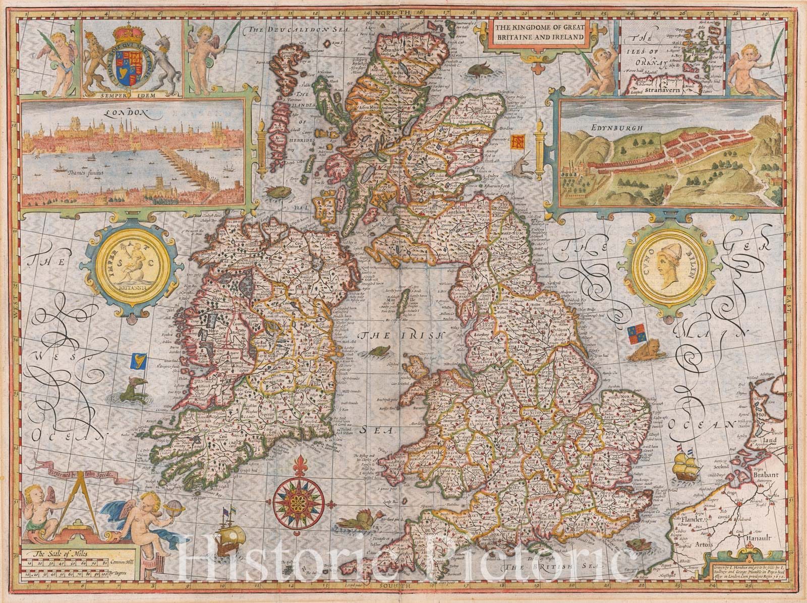Historic Map - The Kingdome of Great Britaine and Ireland, 1610, John Speed - Vintage Wall Art