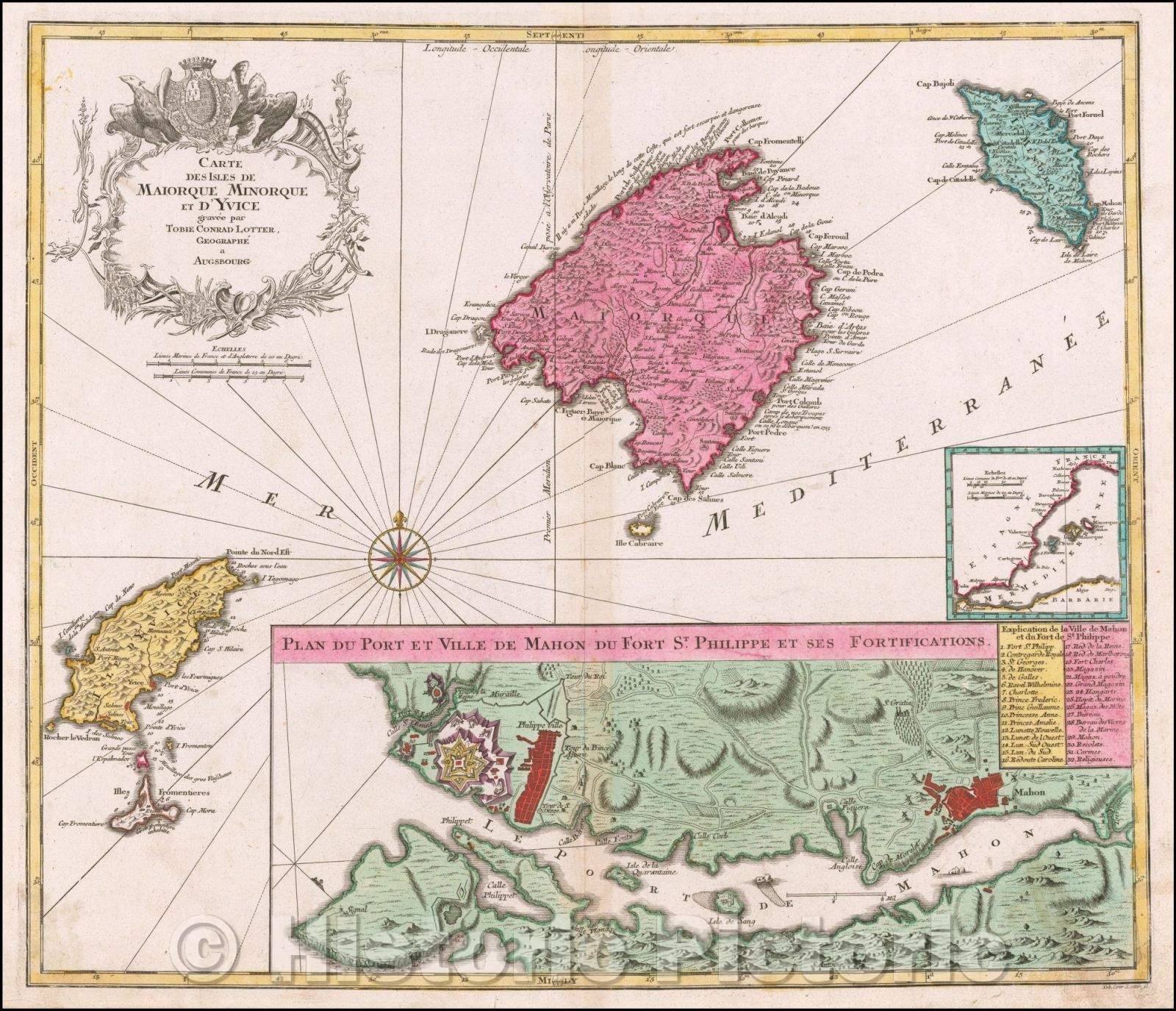 Historic Map - Carte Des Isles De Maiorque Minorque et D'Yvice, 1740, Tobias Conrad Lotter - Vintage Wall Art
