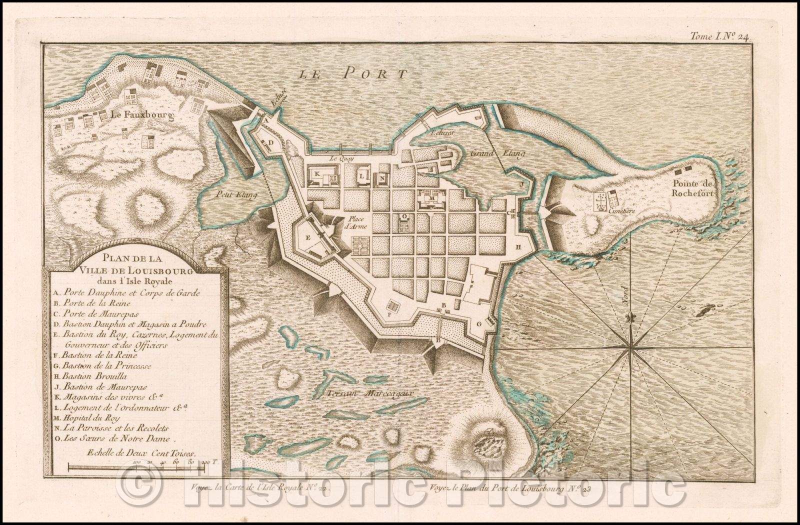 Historic Map - Plan de la Ville de Louisbourg dans l'Isle Royale, 1764, Jacques Nicolas Bellin - Vintage Wall Art