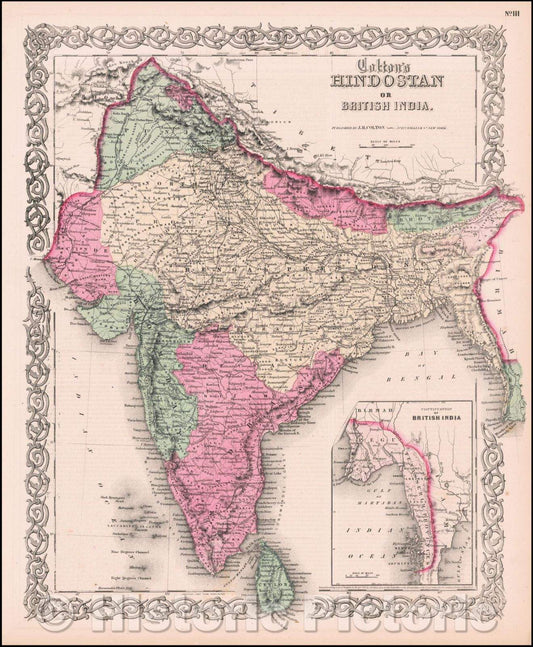 Historic Map - Hindostan or British India, 1865, Joseph Hutchins Colton - Vintage Wall Art