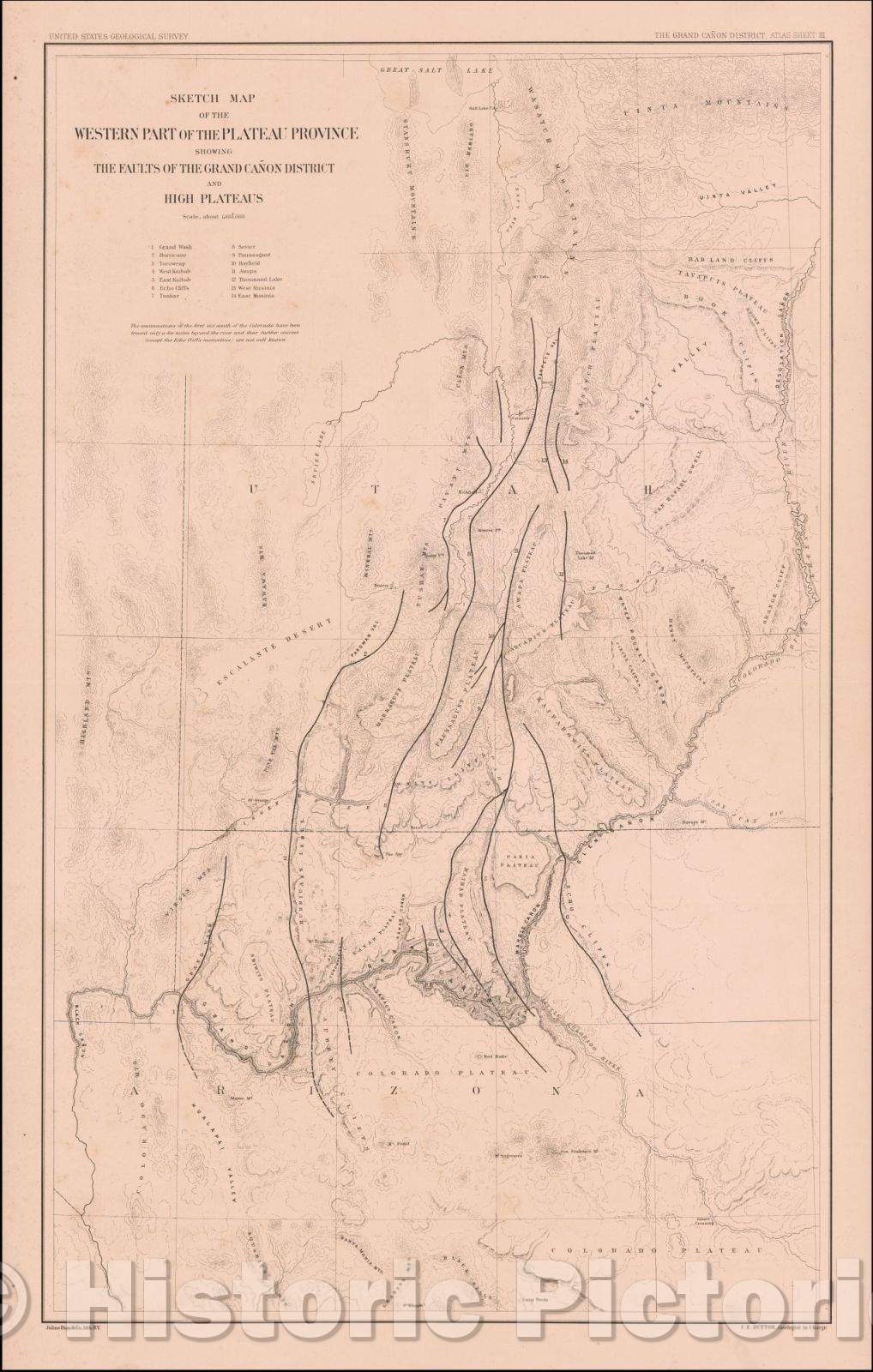 Historic Map - Sketch Map of the Western Part of the Plateau Province Showing the Faults of the Grand Ca?n District and High Plateaus, 1882, Clarence E. Dutton v2