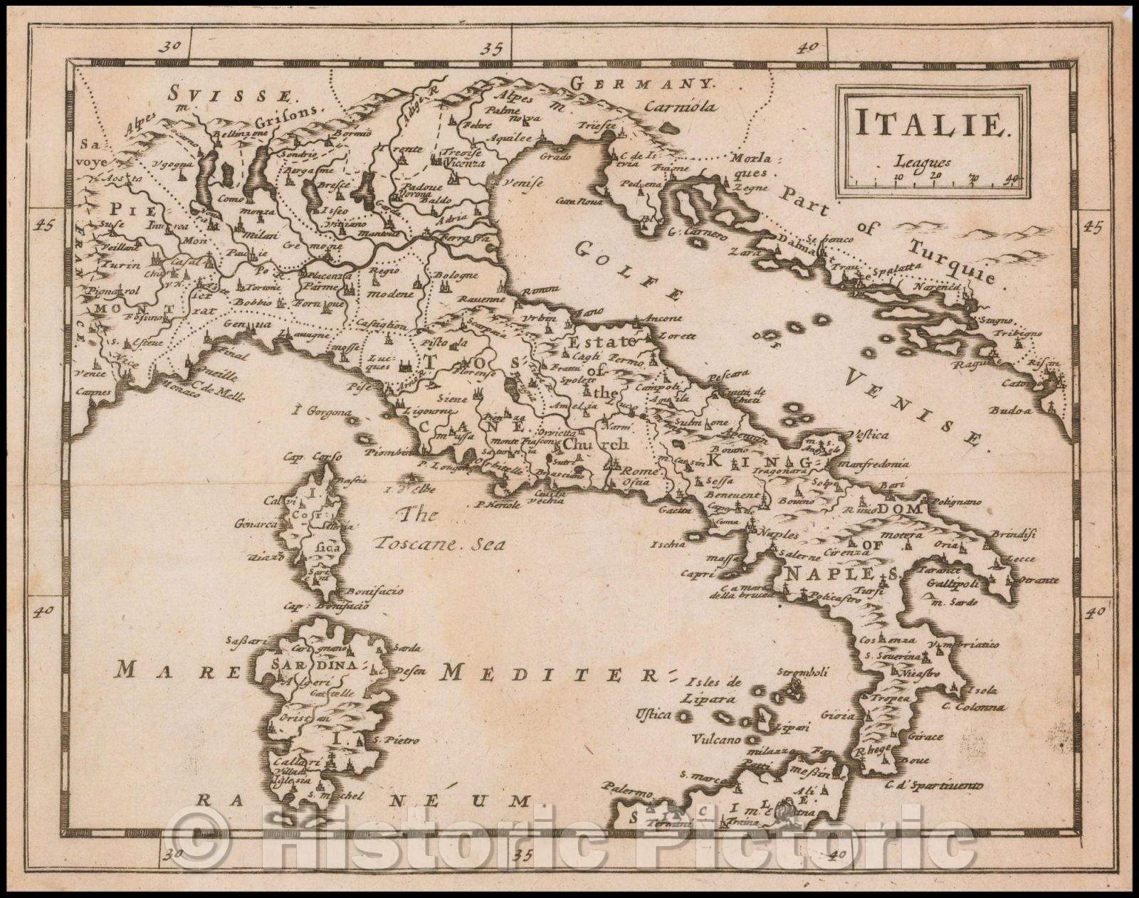 Historic Map - Italie, 1681, Sir Jonas Moore - Vintage Wall Art
