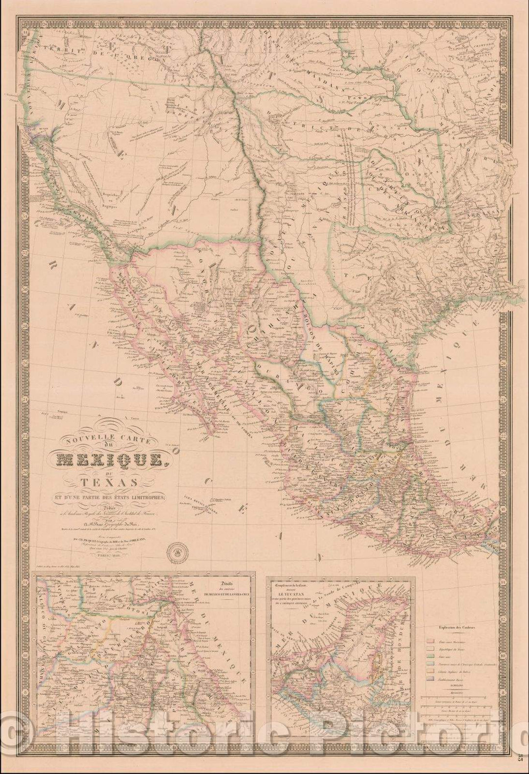 Historic Map - Nouvelle Carte Du Mexique, Du Texas Et D'Une Partie Des Etats Limitrophes, 1845, Adrien-Hubert Bru?- Vintage Wall Art