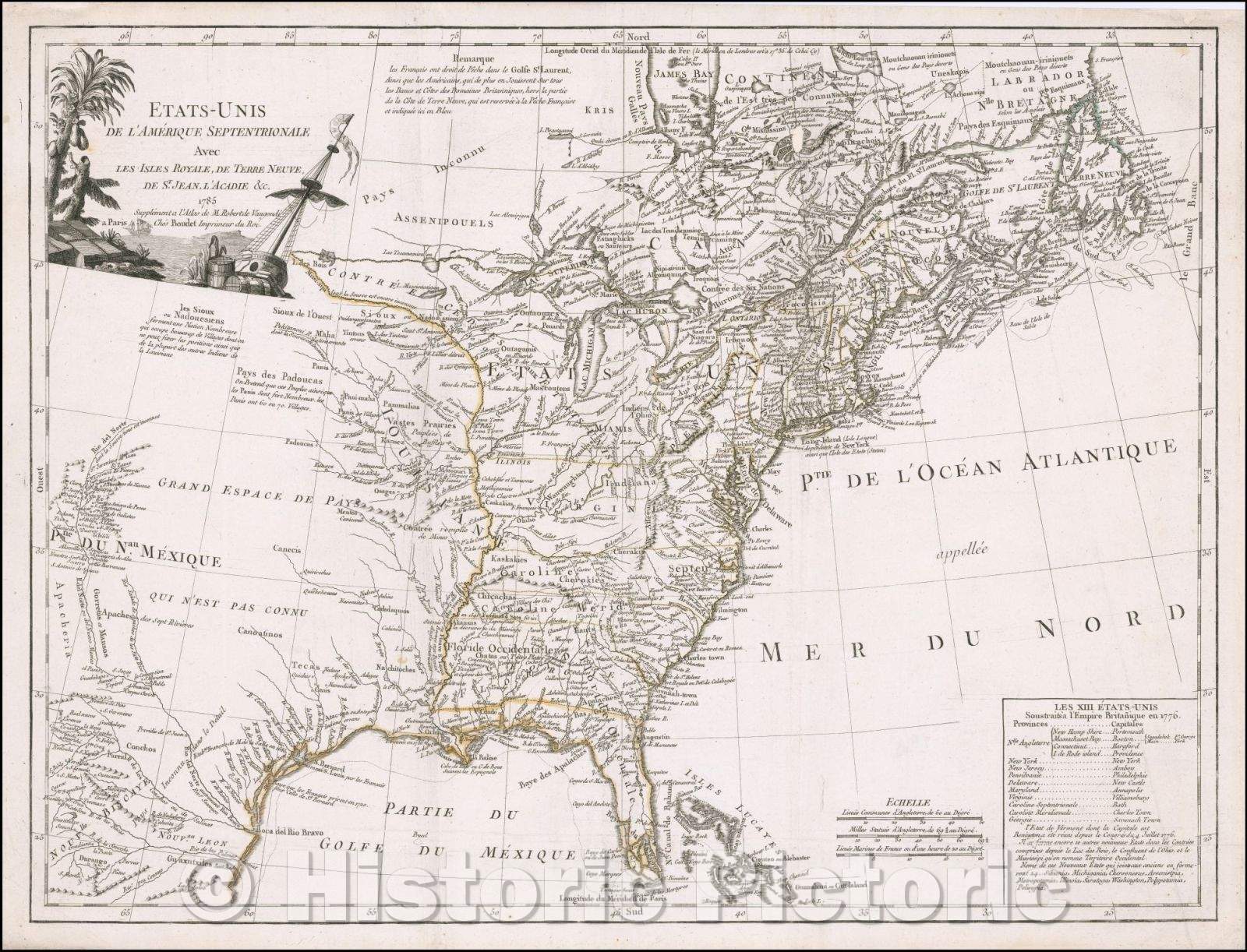 Historic Map - Etats-Unis De L'Amerique Septentrionale Avec Les Isles Royale, De Terre Neuve, De St. Jean, L'Acadie, 1785, Charles Francois Delamarche - Vintage Wall Art