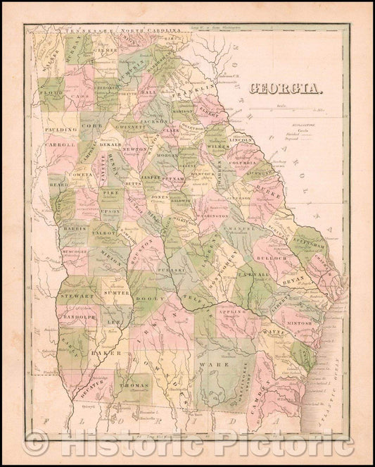 Historic Map - Georgia, 1835, Thomas Gamaliel Bradford - Vintage Wall Art