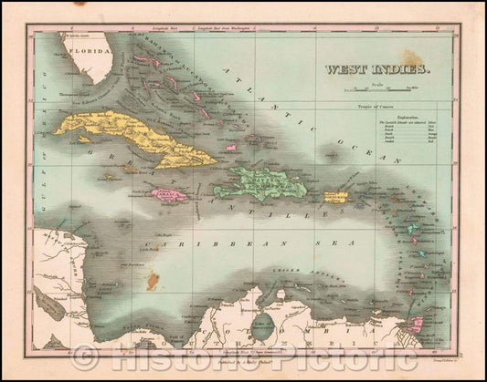 Historic Map - West Indies, 1824, Anthony Finley - Vintage Wall Art