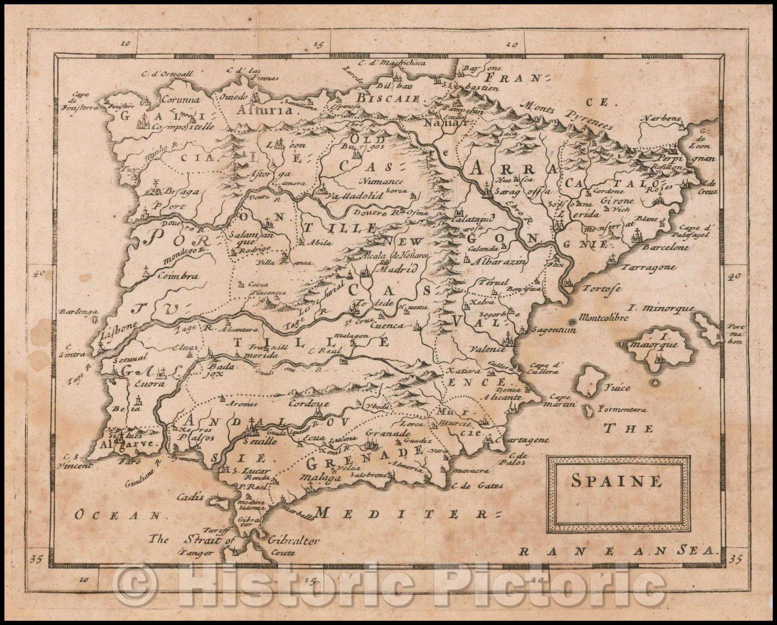 Historic Map - Spaine, 1681, Sir Jonas Moore - Vintage Wall Art