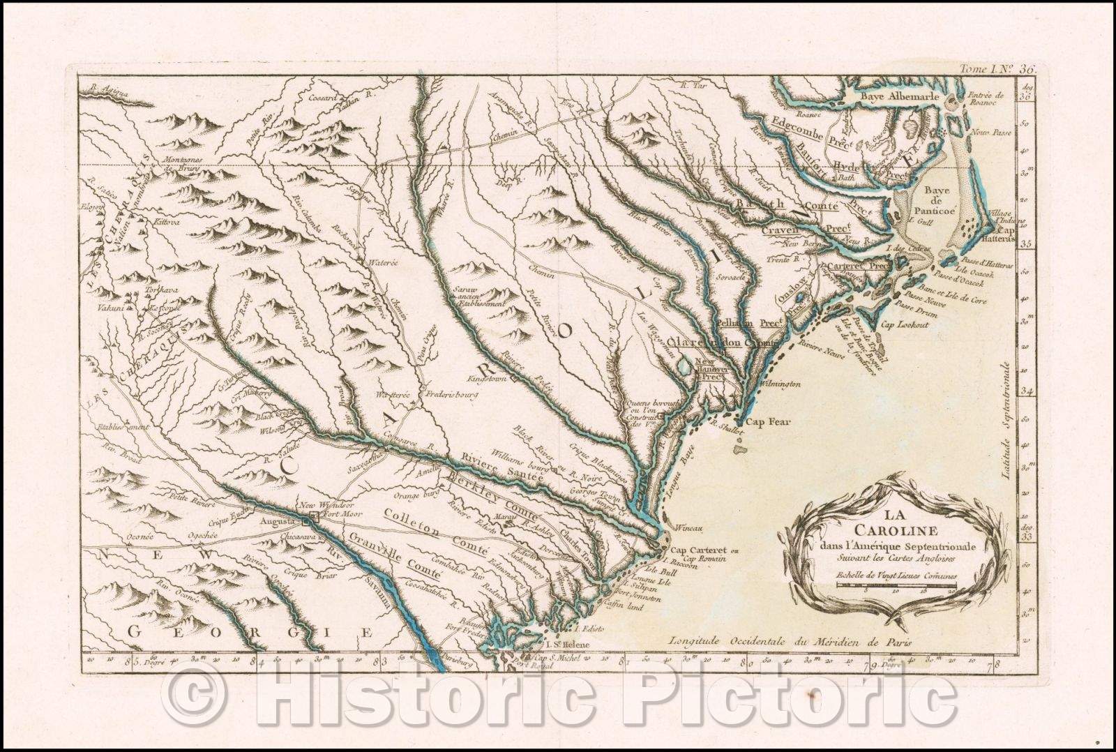 Historic Map - La Caroline dans l'Amerique Septentrionale Suivant les Cartes Angloises/French and Indian War Era Map of the Southeast, 1764 - Vintage Wall Art