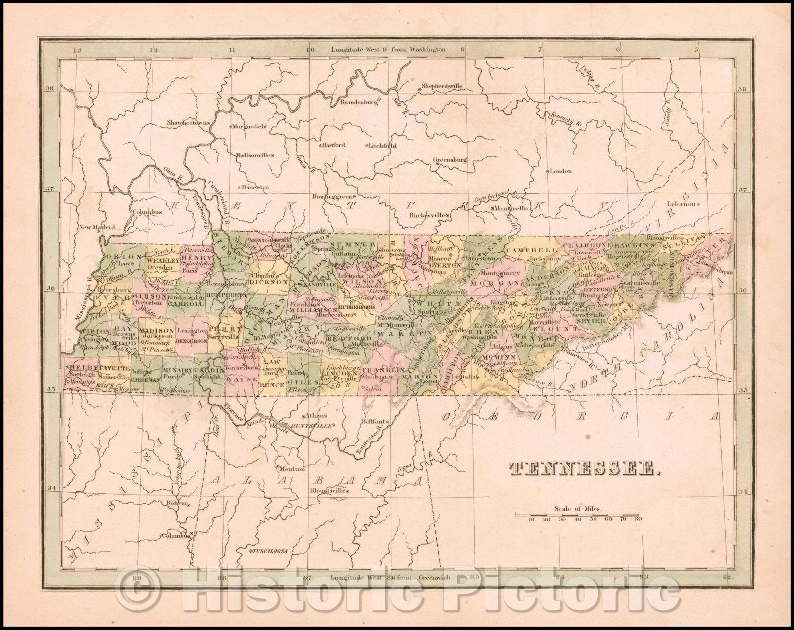 Historic Map - Tennessee, 1835, Thomas Gamaliel Bradford - Vintage Wall Art