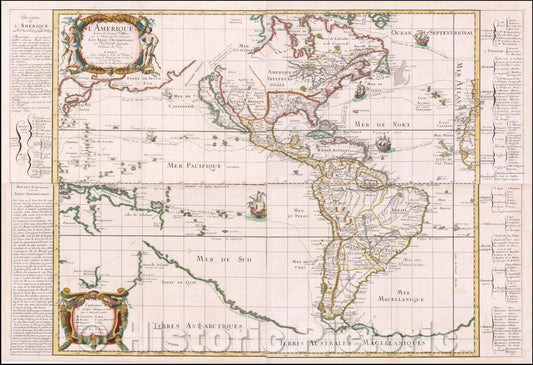 Historic Map - [Wall of America] L'Amerique Suivant les dernieres Relations, avec le :: [Wall of America] Amerique Following the recent relations with the Road, 1679 - Vintage Wall Art