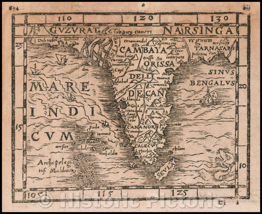 Historic Map - [India] and [Java Maior] / Map of India and Map of Java Maior, from Honter's 1561 De Cosmographiae Rudimentis, 1561, Johann Honter - Vintage Wall Art