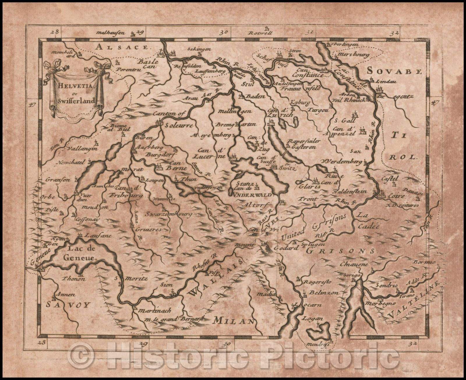 Historic Map - Helvetia or Swisserland, 1681, Sir Jonas Moore - Vintage Wall Art