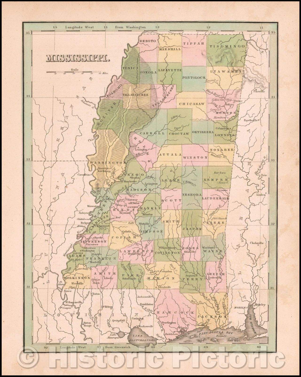 Historic Map - Mississippi, 1835, Thomas Gamaliel Bradford v2