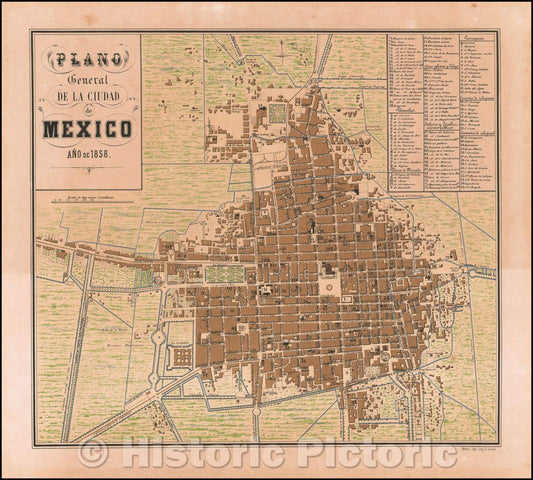 Historic Map - Plano General de la Ciudad de Mexico A? de 1858 / Attractive Plan of Mexico City, with a key locating over 100 points of interest, 1858 - Vintage Wall Art