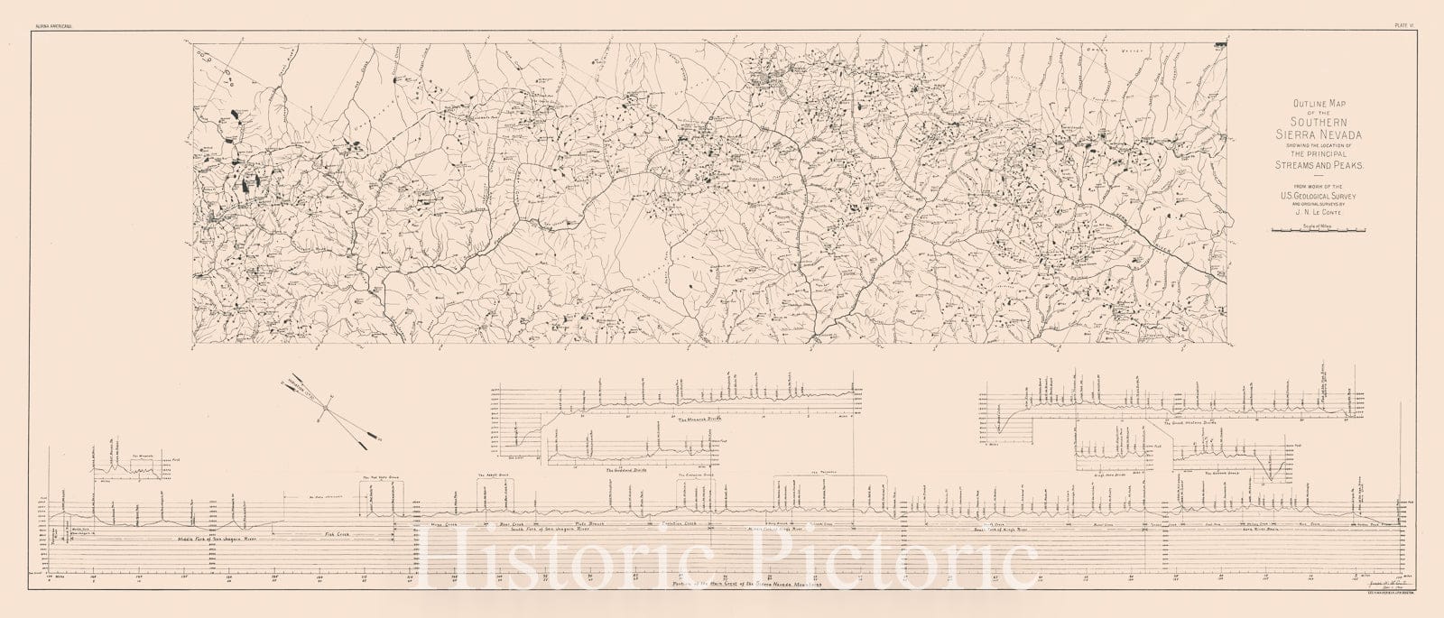 Historic Map - Outline Map of the Southern Sierra Nevada showing the location of the Principal Streams and Peaks - From Work of the U.S. Geological Survey, 1907 - Vintage Wall Art