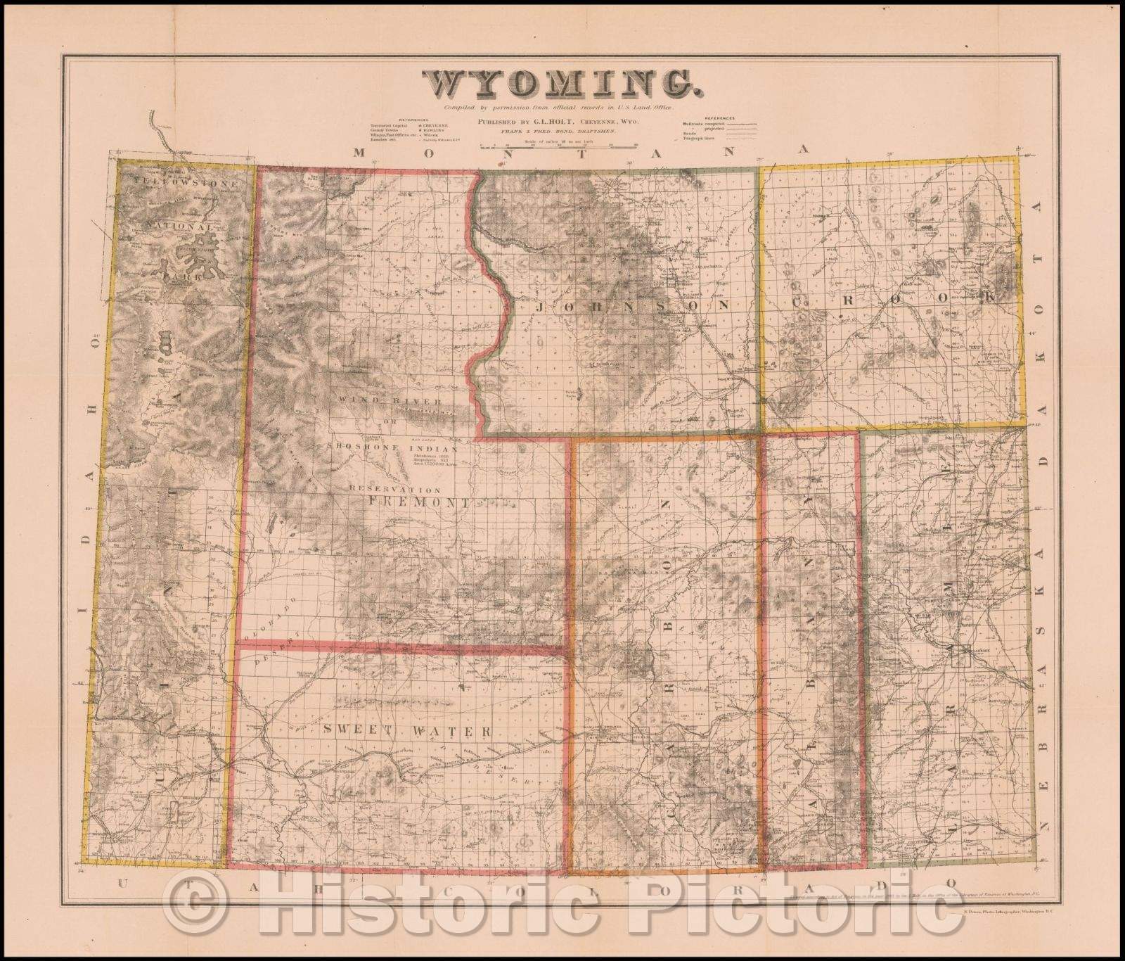 Historic Map - Wyoming, 1883, G.L. Holt - Vintage Wall Art