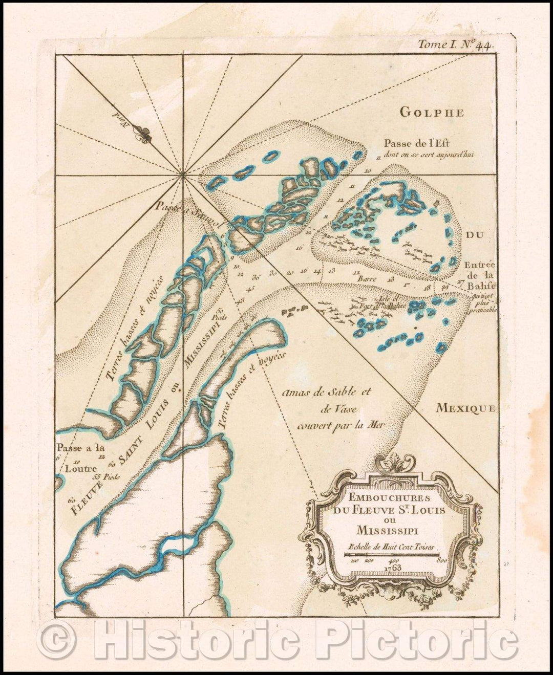 Historic Map - Embouchures de Fleuve St. Louis ou Mississipi/Chart the mouth of the Mississippi River, from Bellin's Petit Atlas Maritime, 1764 - Vintage Wall Art