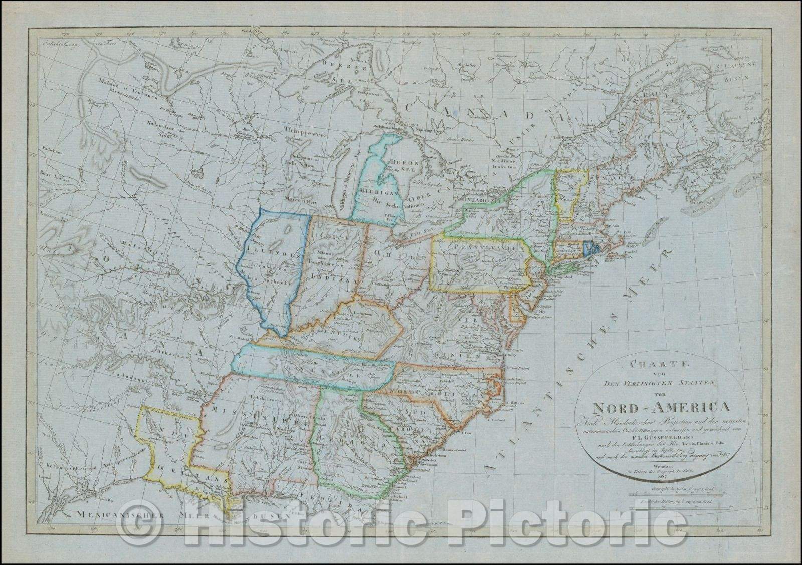 Historic Map - Charte von Den Vereinigten Staaten von Nord-America nebst Louisiana, 1817, Franz Ludwig Gussefeld - Vintage Wall Art