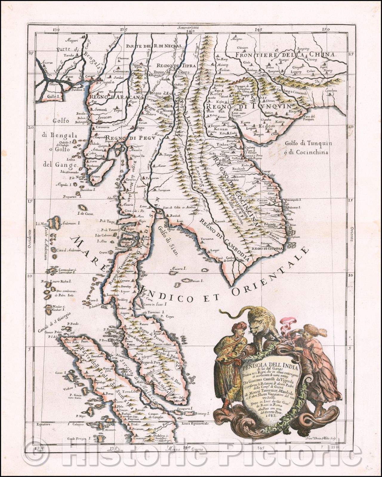 Historic Map - Penisola Dell India di la dal Gange Diusa ne i Regni, che in essasi contengono et accresciuta di varie notizie, 1683 v2