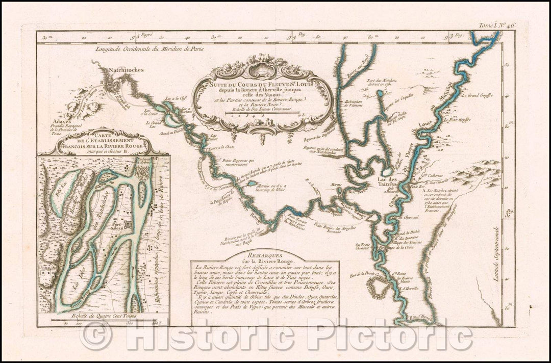Historic Map - Suite Du Cours Du Fleuves St. Louis depuis la Riviere d'Iberville jusqua cele :: The Red River is Full of Crocodiles, 1764, Jacques Nicolas Bellin - Vintage Wall Art
