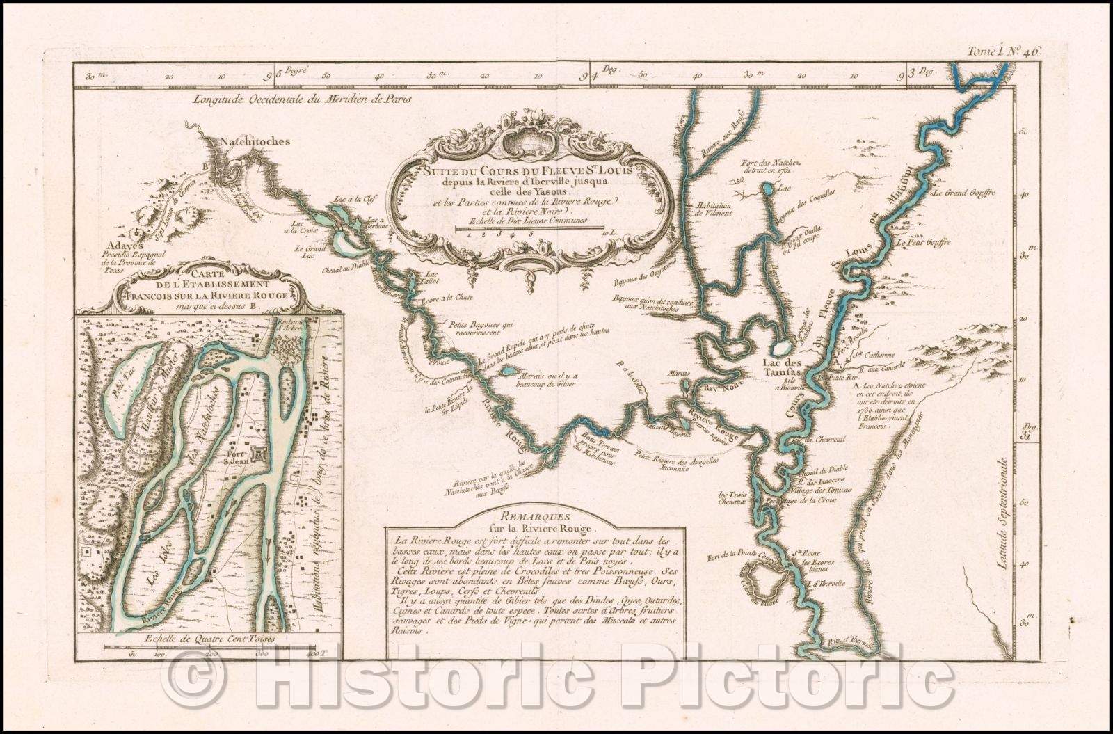 Historic Map - Suite Du Cours Du Fleuves St. Louis depuis la Riviere d'Iberville jusqua cele :: The Red River is Full of Crocodiles, 1764, Jacques Nicolas Bellin - Vintage Wall Art