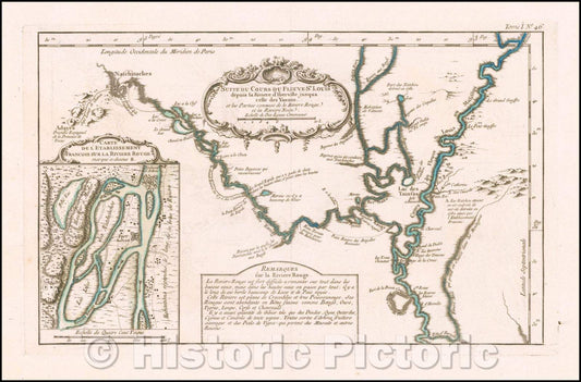 Historic Map - Suite Du Cours Du Fleuves St. Louis depuis la Riviere d'Iberville jusqua cele :: The Red River is Full of Crocodiles, 1764, Jacques Nicolas Bellin - Vintage Wall Art