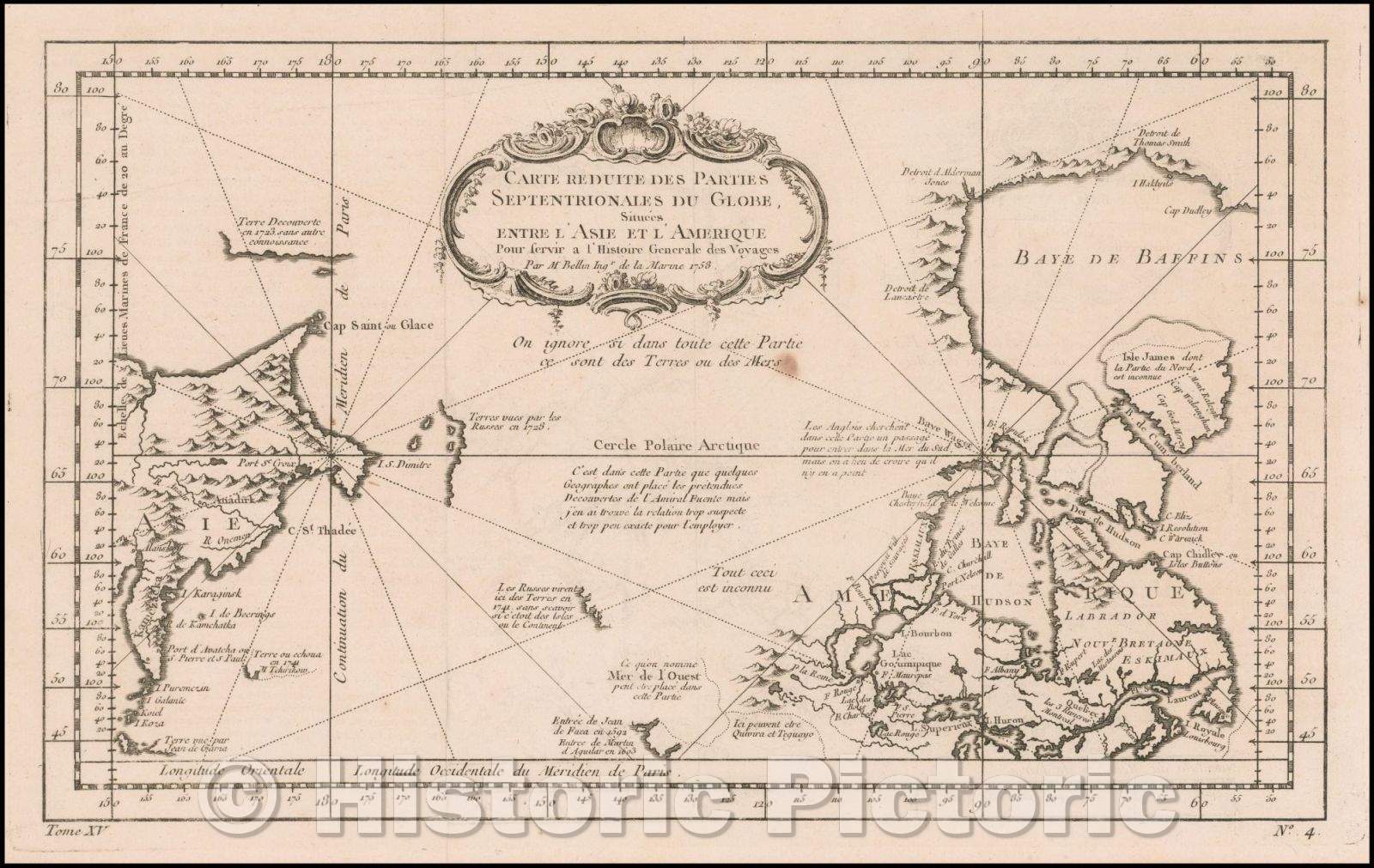 Historic Map - Carte Reduite Des Parties Septentrionales Du Globe. :: Sea Chart of the coastlines and parts of the interior of Canada, Alaska and the Pacific, 1758 - Vintage Wall Art