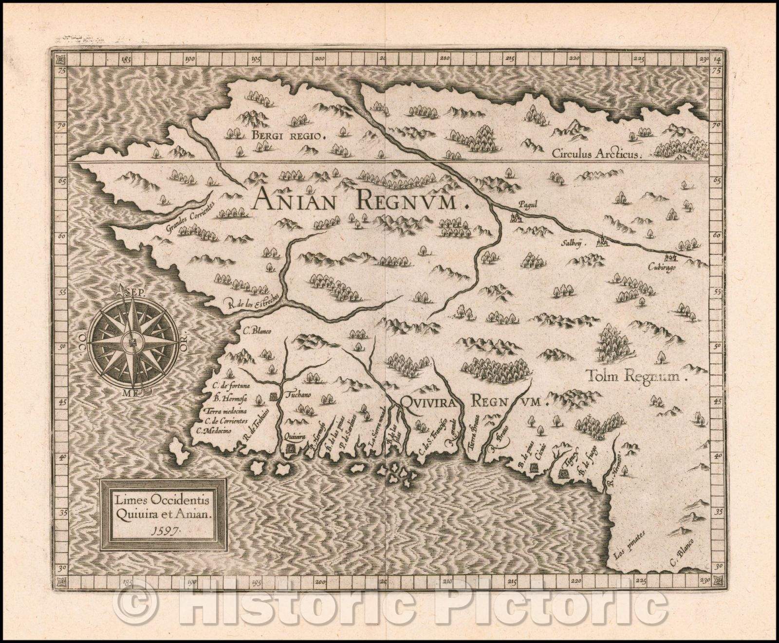 Historic Map - Limes Occidentis Quivira et Anian. 1597 Northwest Coast & Northwest Passage, 1597, Cornelis van Wytfliet v1