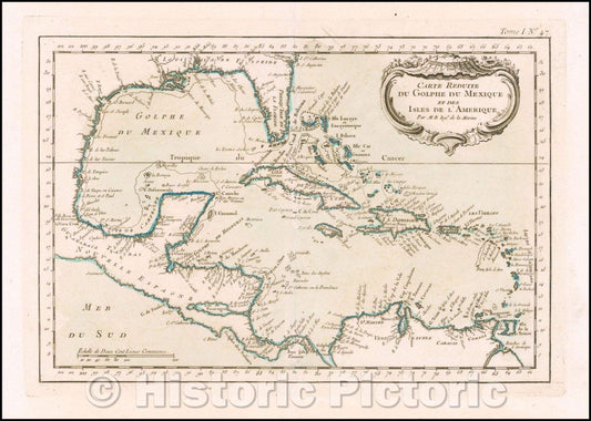 Historic Map - Carte Reduite du Golphe du Mexique et des Isles de l'Amerique :: Caribbean, published in Nicholas Bellin's Petit Atlas Maritime, 1764 - Vintage Wall Art