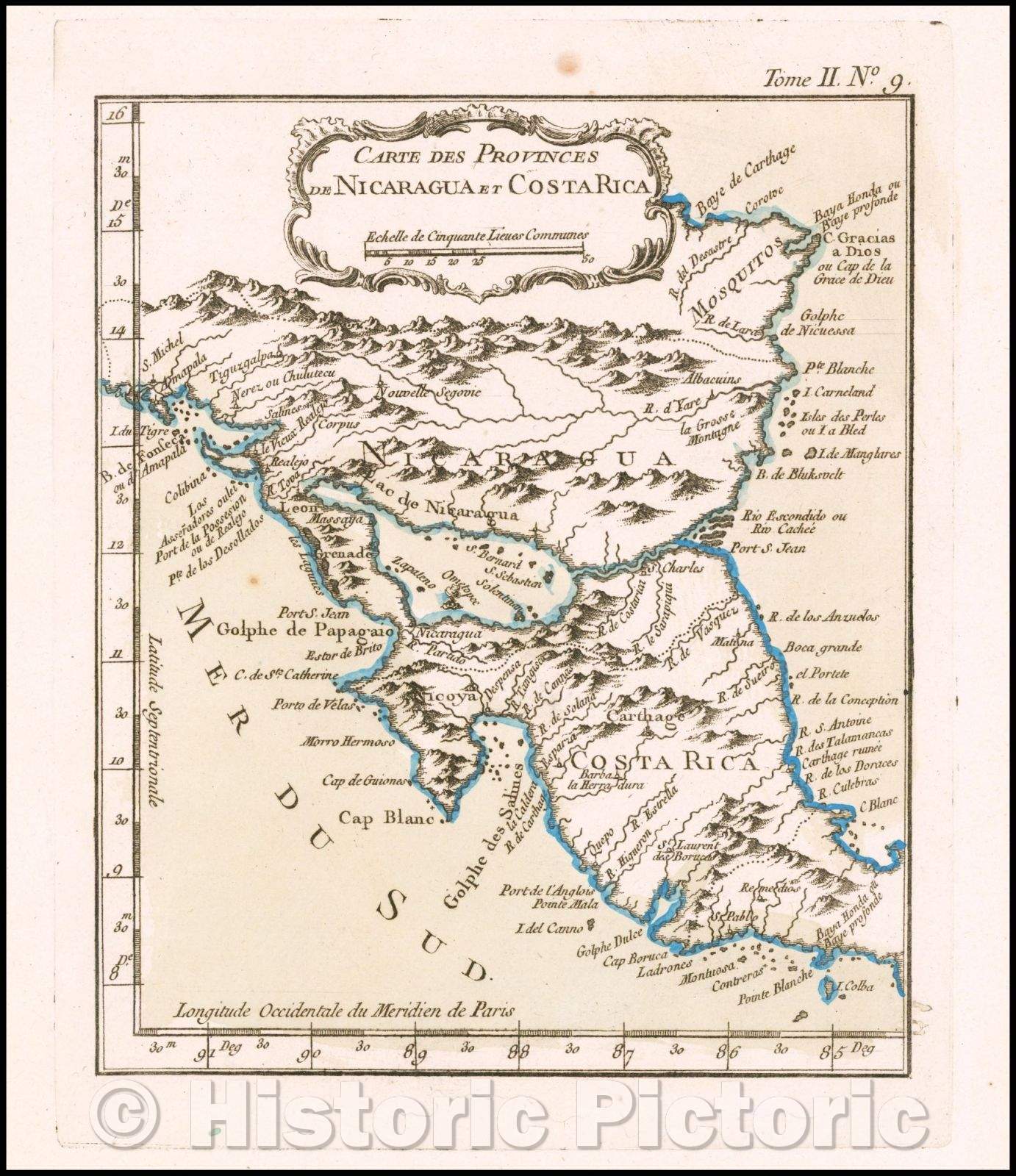Historic Map - Carte des Provinces de Nicaragua et Costa Rica/Map of Nicaragua and Costa Rica, published in Bellin's Petit Atlas Maritime, 1764 - Vintage Wall Art