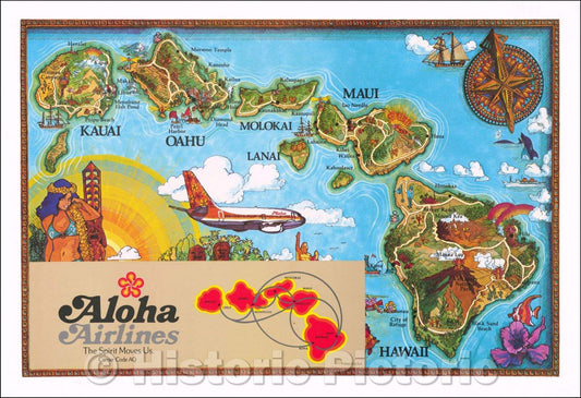 Historic Map - Hawaiian Islands Aloha Airlines The Spirit Moves Us, 1980, Aloha Airlines - Vintage Wall Art