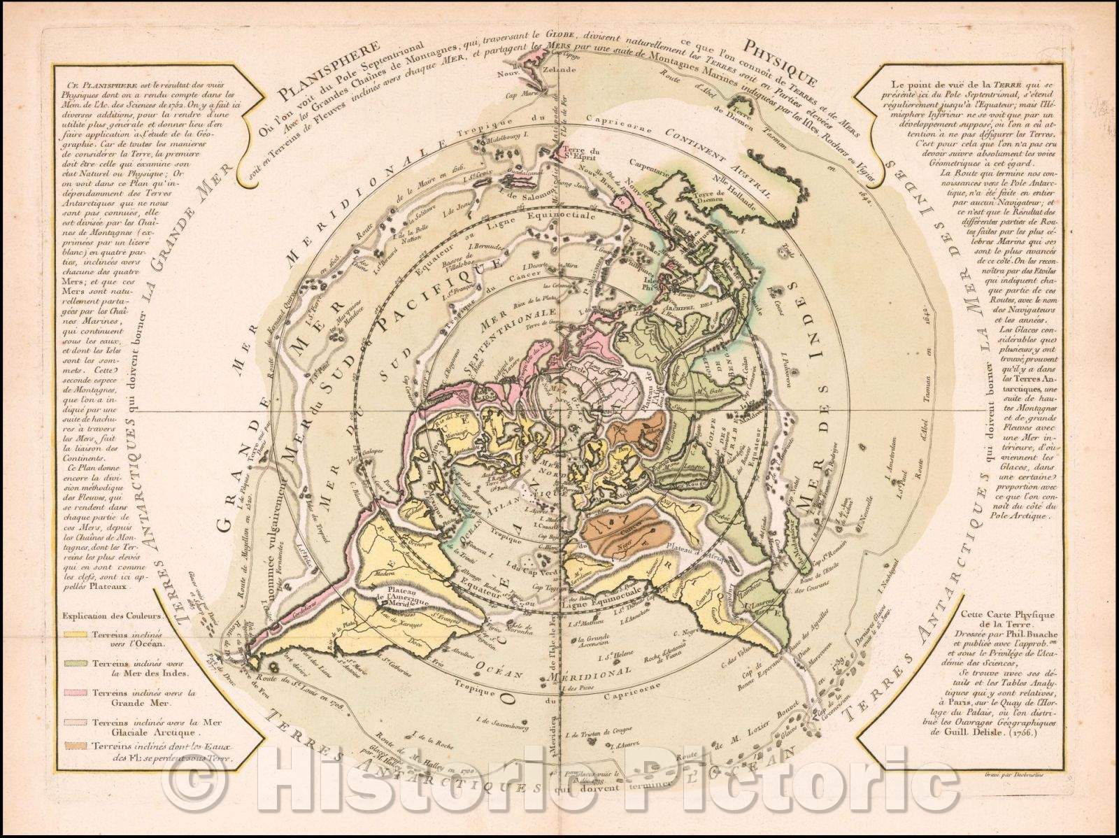 Historic Map - Planisphere Physique ou l'on voit du Pole Septentrional ce que l'on connoit de Terres et de Mers Avec les Grandges Chaines de Montagnes, 1756 v2