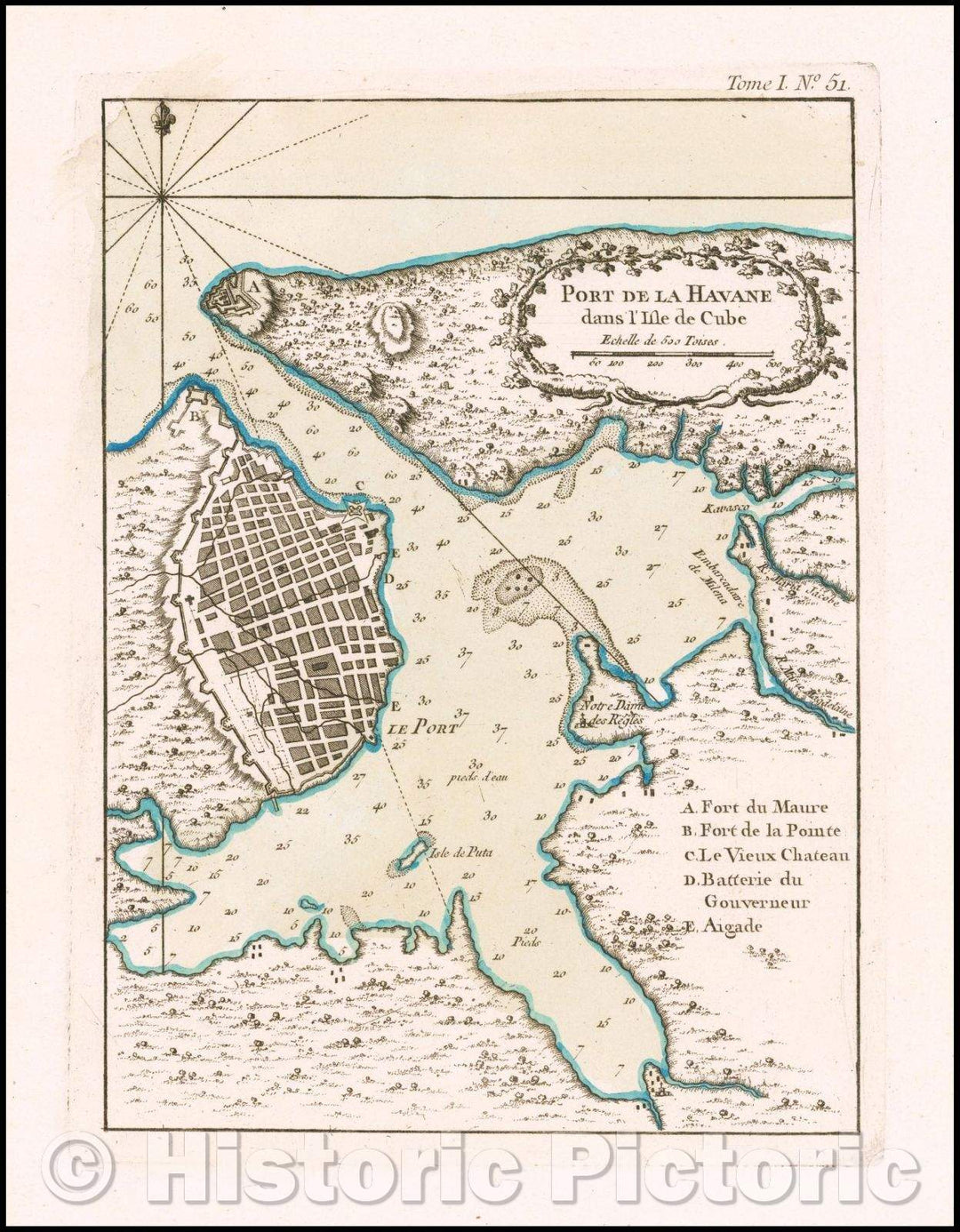 Historic Map - Port de la Havane dans l'Isle de Cube. :: Engraved of Havana, from Bellin's Petit Atlas Maritime, prepared at the end of the Seven Years War, 1764 - Vintage Wall Art