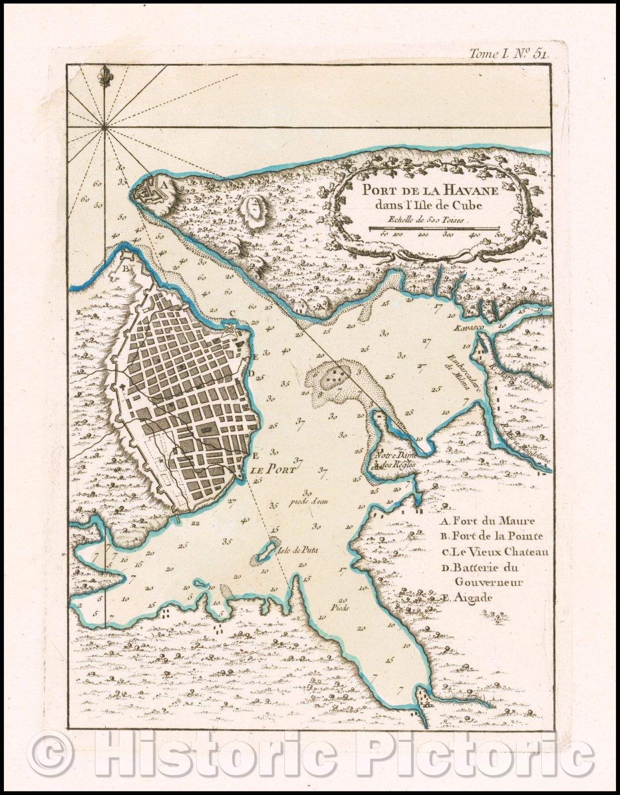 Historic Map - Port de la Havane dans l'Isle de Cube. :: Engraved of Havana, from Bellin's Petit Atlas Maritime, prepared at the end of the Seven Years War, 1764 - Vintage Wall Art