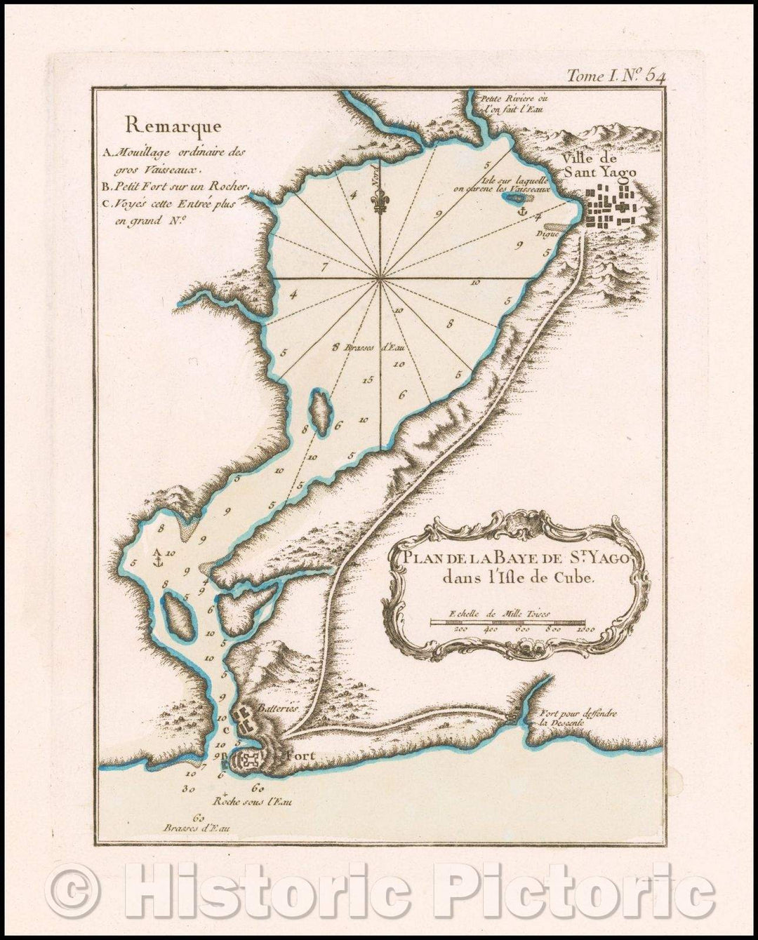 Historic Map - Plan de la Baye de St. Yago dans l'Isle de Cube/Engraved Map of Santiago, on the south Coast of Cuba, 1764, Jacques Nicolas Bellin - Vintage Wall Art