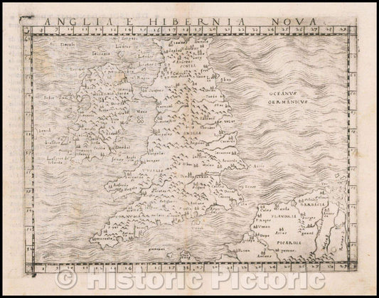Historic Map - Anglia E Hibernia Nova/New England E Ireland, 1548, Giacomo Gastaldi - Vintage Wall Art