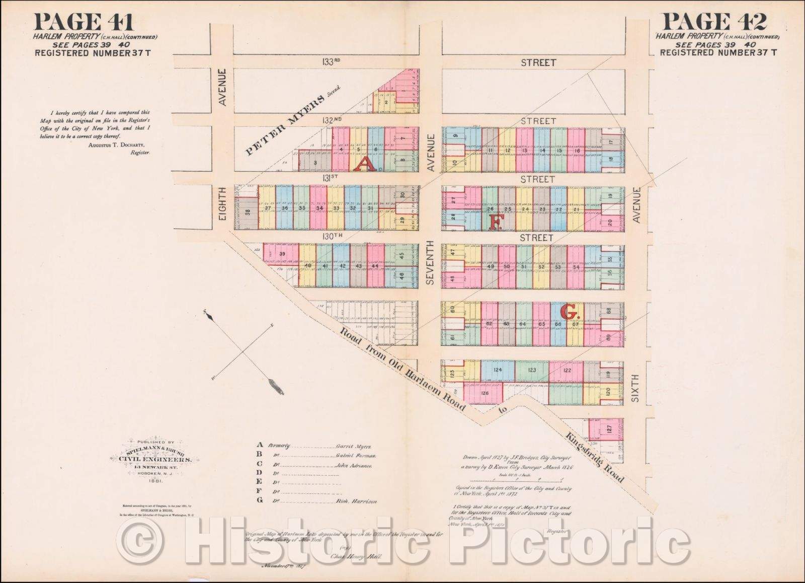 Historic Map - Original Map of Harlaem Lots deposited, 1827, Joseph Bridges - Vintage Wall Art