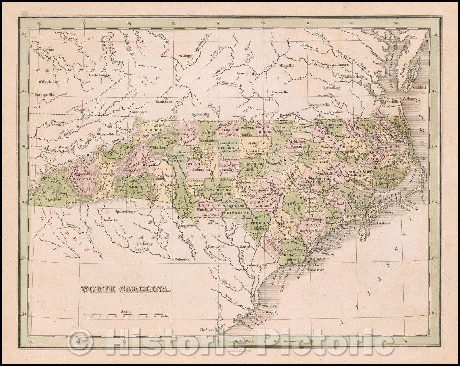 Historic Map - North Carolina, 1835, Thomas Gamaliel Bradford - Vintage Wall Art