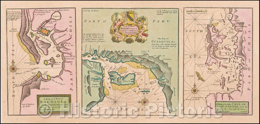 Historic Map - A Map of ye Port of Baldivia with the Fortifications and Islands, 1720, Herman Moll - Vintage Wall Art