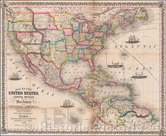 Historic Map - United States, Canada, Mexico, and the West Indies with Central America, Showing All the Routes to California, with a Table of Distances, 1853 - Vintage Wall Art