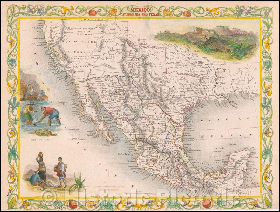 Historic Map - Mexico, California and Texas (with Gold Rush Vignette), 1851, John Tallis v3