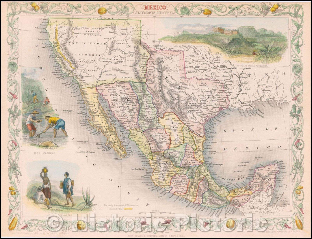 Historic Map - Mexico, California and Texas (with Gold Rush Vignette), 1851, John Tallis v4
