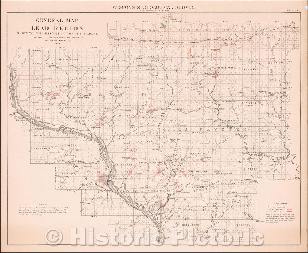 Historic Map - General Map of the Lead Region Showing the Distribution of the Lodes, 1880, - Vintage Wall Art