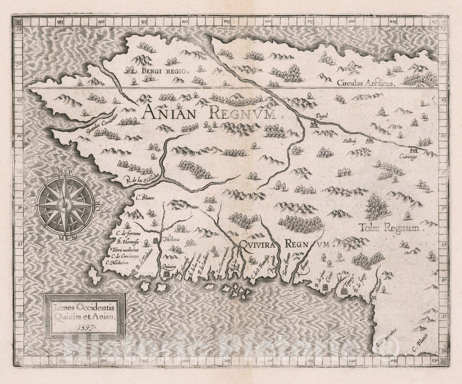 Historic Map - Limes Occidentis Quivira et Anian. 1597 Northwest Coast & Northwest Passage, 1597, Cornelis van Wytfliet v2