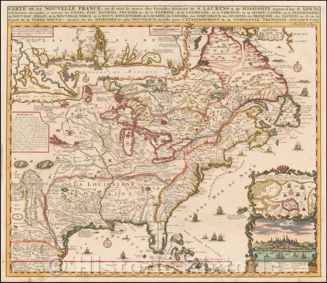 Historic Map - Carte De La Nouvelle France, ou se voit le cours des Grandes Rivieres de. S. Laurens & de Mississipi, 1719, Henri Chatelain v2